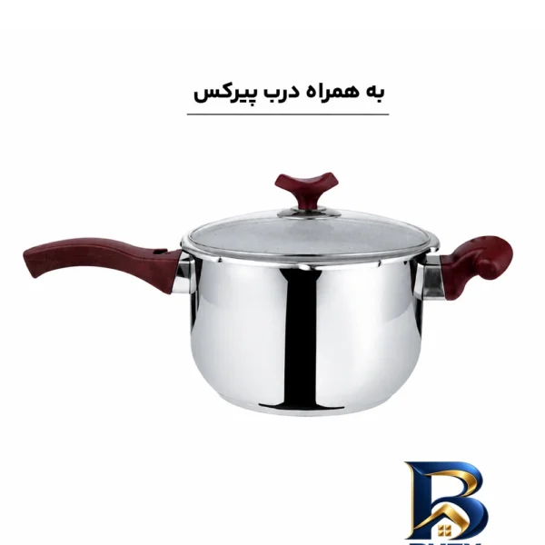 نمای بسته بندی زودپز استیل با سبد بخارپز و دریچه اطمینان فشار برچسب و بسته بندی