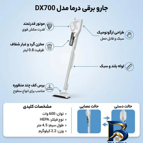نمای بسته بندی جارو برقی درما مدل DX۷۰۰ اصل برچسب و بسته بندی