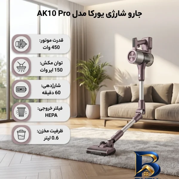 نمای کناری جارو شارژی یورکا مدل AK۱۰ Pro اصل عمق قاب و پروفایل