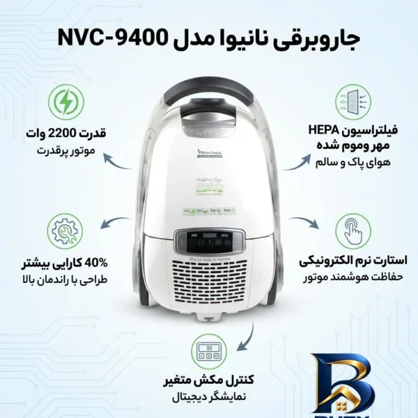 نمای بسته بندی جاروبرقی نانیوا مدل NVC-۹۴۰۰ اصل برچسب و بسته بندی