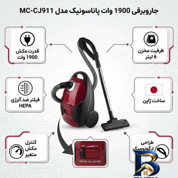 نمای بسته بندی جاروبرقی ۱۹۰۰ وات پاناسونیک مدل MC-CJ۹۱۱ اصل برچسب و بسته بندی