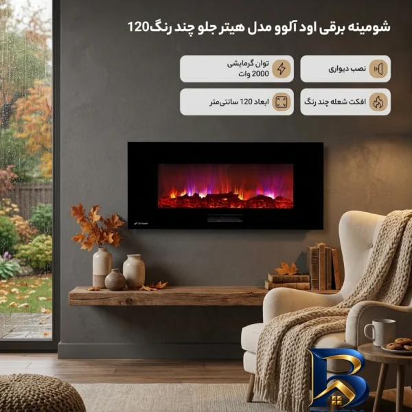 نمای بسته بندی شومینه برقی اود آلوو مدل هیتر جلو چند رنگ برچسب و بسته بندی