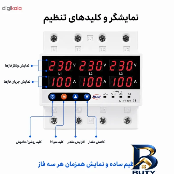 نمای جزئیات محافظ ولتاژ سه فاز ۱۰۰ آمپر جیوجی مدل JIUJI_JJTP۱_۱۰۰VAS اصل نمای نزدیک بافت پرز