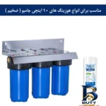 نمای بسته بندی فیلتر تصفیه آب آکوا مدل AQ-MJF-۱۰-۵ مناسب برای هوزینگ های مینی جامبو اصل برچسب و بسته بندی