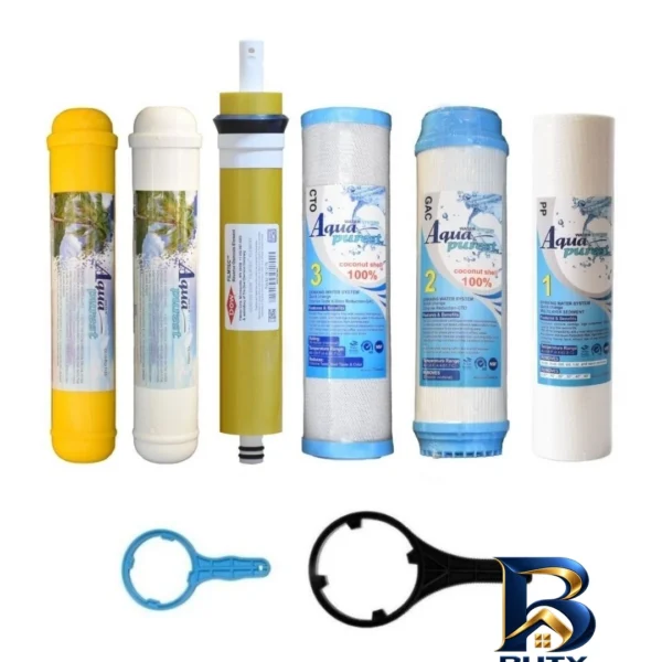 نمای بسته بندی فیلتر دستگاه تصفیه کننده آب آکوا پیورست مدل AP-RO GOLD 06 مجموعه ۵ عددی با ممبران فیلمتگ DOW جزئیات برچسب و پر