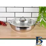 نمای بسته بندی تابه استیل یونیک با دو دسته و طراحی زیبا برچسب و بسته بندی