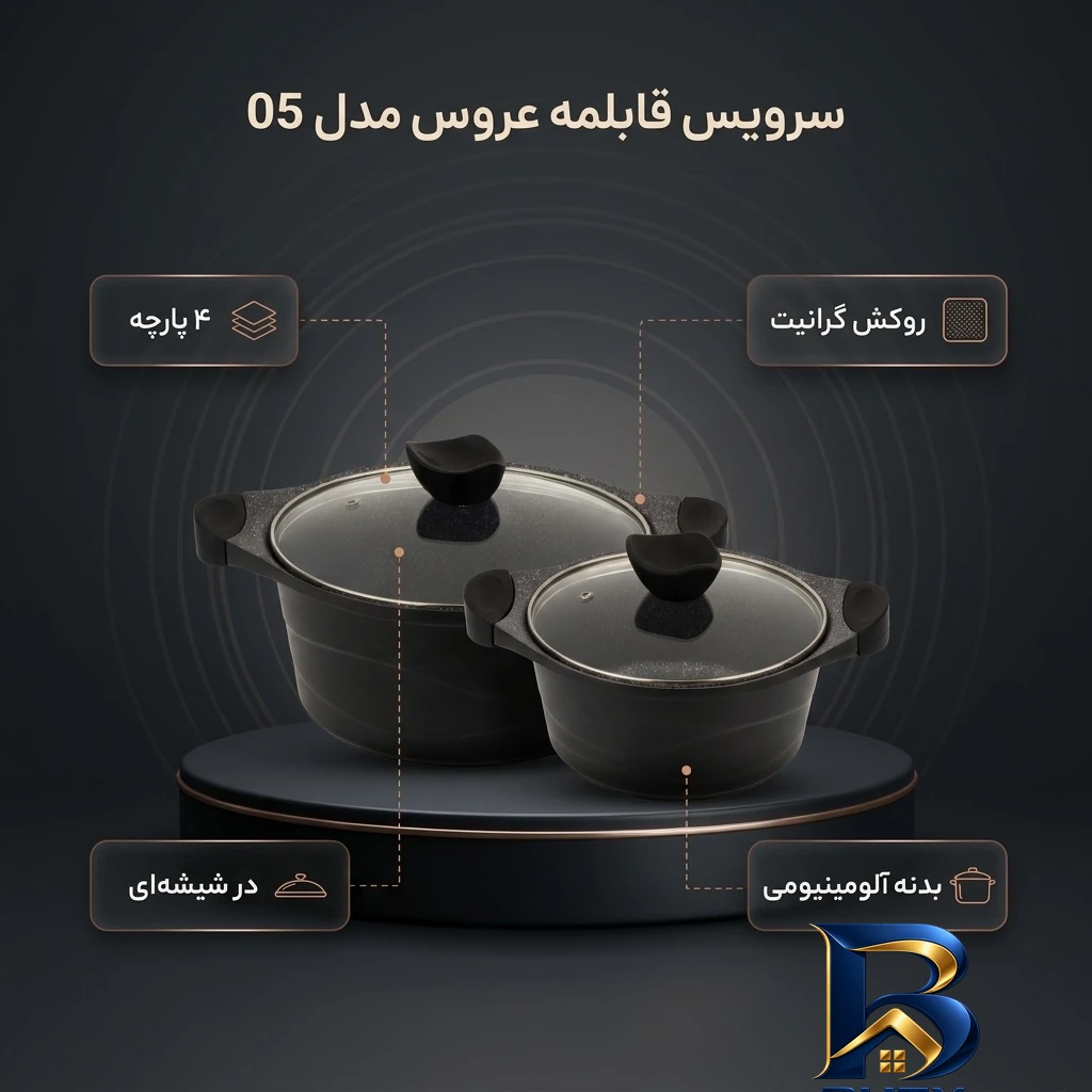 نمای بسته بندی سرویس قابلمه گرانیتی ۴ پارچه عروس مدل ۰۵ برچسب و بسته بندی