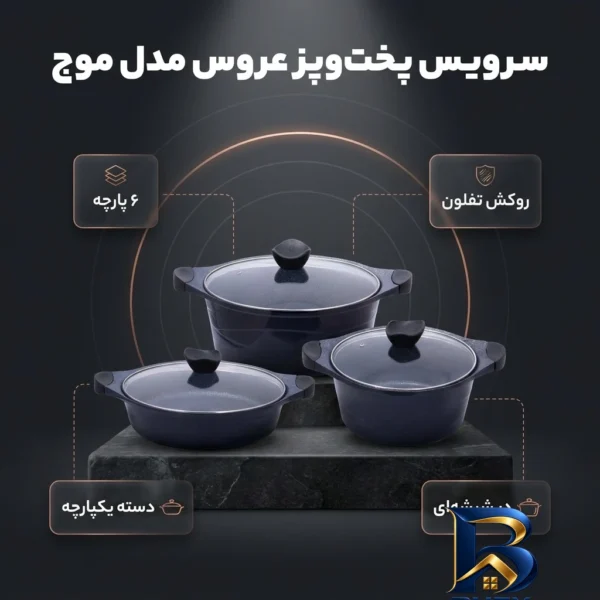 نمای بسته بندی سرویس تفلون قابلمه و تابه 6 پارچه عروس مدل موج برچسب و بسته بندی