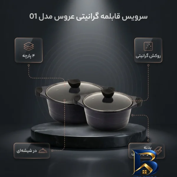نمای بسته بندی سرویس قابلمه گرانیتی ۴ پارچه عروس مدل ۰۱ برچسب و بسته بندی