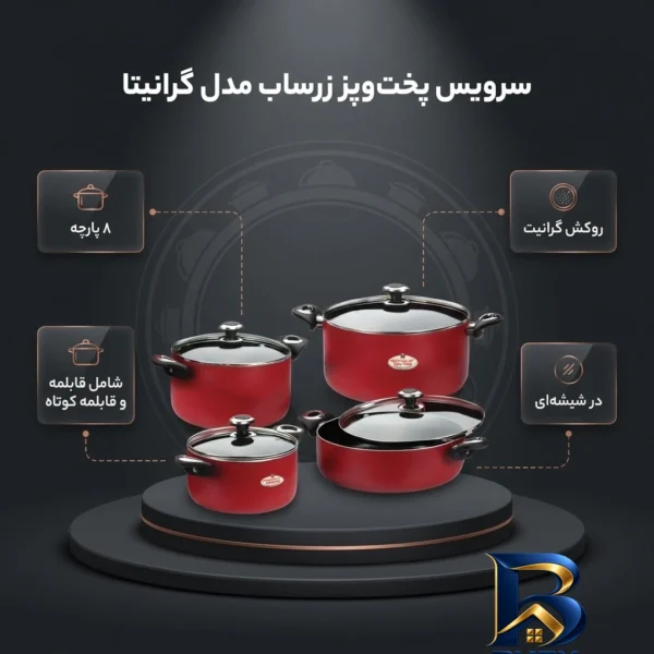 نمای بسته بندی سرویس پخت و پز ۸ پارچه زرساب مدل گرانیتا برچسب و بسته بندی