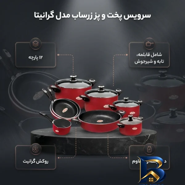 نمای بسته بندی سرویس پخت و پز ۱۲ پارچه زرساب مدل گرانیتا برچسب و بسته بندی