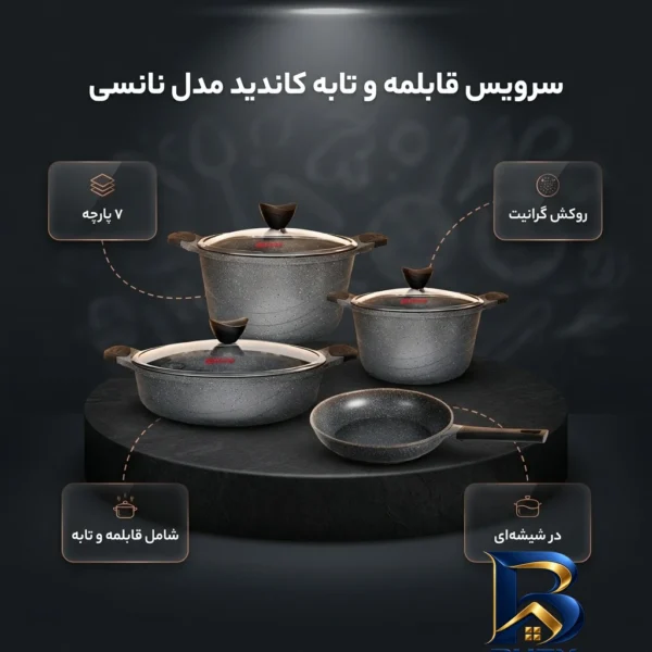 نمای بسته بندی سرویس قابلمه و تابه گرانیتی ۷ پارچه کاندید مدل نانسی برچسب و بسته بندی