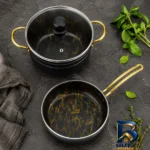 نمای بسته بندی سرویس قابلمه و تابه گرانیتی ۳ پارچه ظرف سازان اسدیان مدل ماربل برچسب و بسته بندی