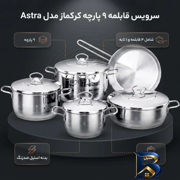 نمای بسته بندی سرویس قابلمه 9 پارچه مدل Astra کرکماز برچسب و بسته بندی