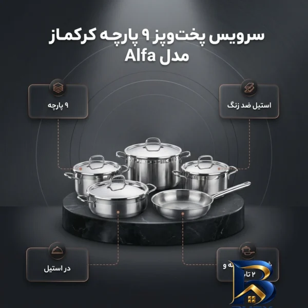 نمای بسته بندی سرویس قابلمه ۹ پارچه کرکماز مدل Alfa کد A۱۶۶۰ اصل برچسب و بسته بندی