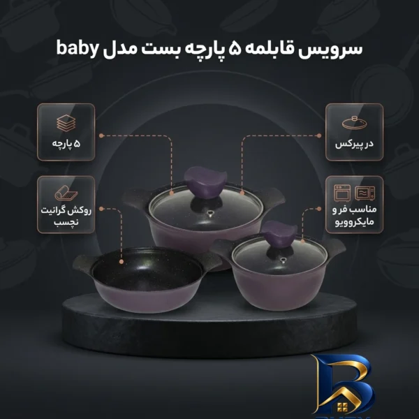 نمای بسته بندی سرویس قابلمه ۵ پارچه بست مدل baby برچسب و بسته بندی