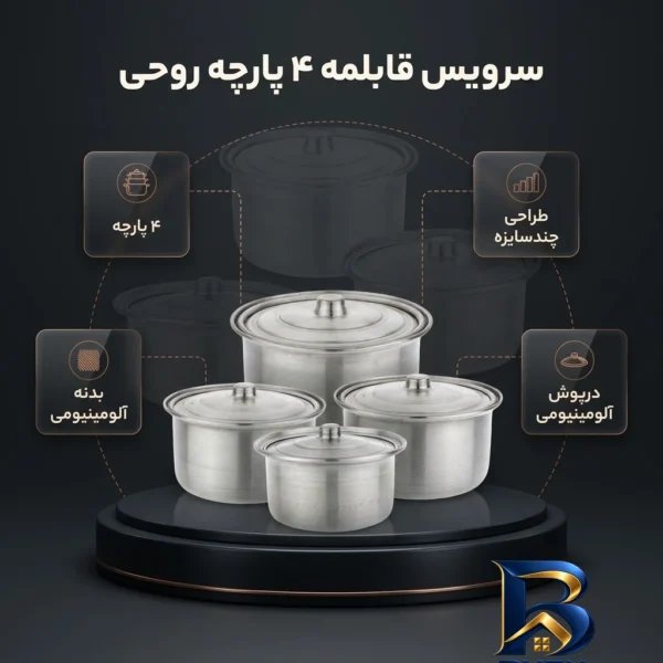 نمای بسته بندی سرویس قابلمه ۴ پارچه مدل روحی برچسب و بسته بندی