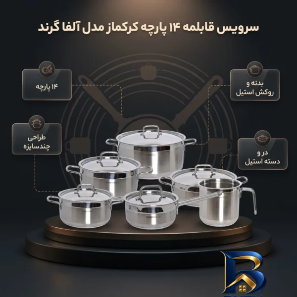 نمای بسته بندی سرویس قابلمه و تابه ۱۴ پارچه کرکماز مدل آلفا گرند کد ۱۰۸۹ برچسب و بسته بندی