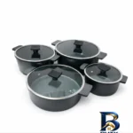 نمای بسته بندی سرویس قابلمه و تابه چدن ۸ پارچه ای ام دی مدل sg۴ اصل برچسب و بسته بندی