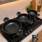 نمای بسته بندی سرویس تابه گرانیتی ۳ پارچه مدل L-۲ اصل برچسب و بسته بندی