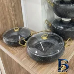 نمای بسته بندی سرویس پخت و پز 10 پارچه هاناتک مدل فورچ جزئیات برچسب و پرداخت بسته