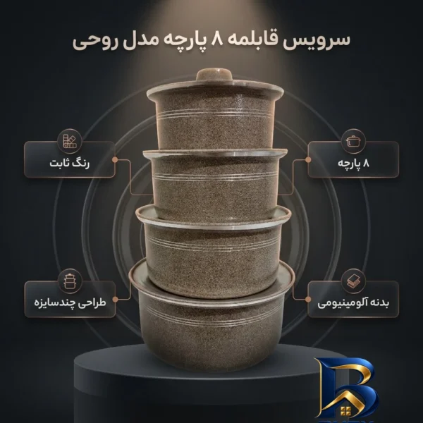 نمای بسته بندی سرویس قابلمه 8 پارچه مدل زیبا روحی برچسب و بسته بندی