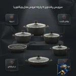 نمای بسته بندی سرویس پخت و پز ۱۱ پارچه عروس مدل ویکتوریا کد ۲۴ برچسب و بسته بندی