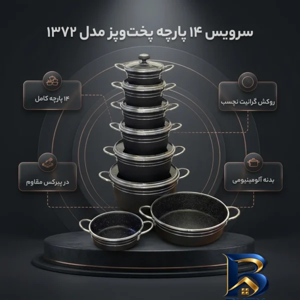 نمای بسته بندی سرویس قابلمه و تابه ۱۴ پارچه مدل 1372 برچسب و بسته بندی