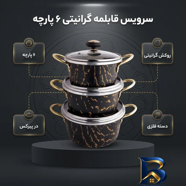 نمای بسته بندی سرویس قابلمه گرانیتی ۶ پارچه مدل ۳۹۳۱ برچسب و بسته بندی