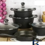 نمای بسته بندی سرویس قابلمه و تابه گرانیت ۹ پارچه دسینی مدل برلیانت برچسب و بسته بندی