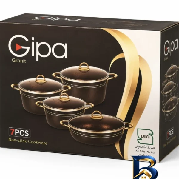 نمای بسته بندی سرویس قابلمه و تابه گرانیتی ۷ پارچه گیپا مدل granita برچسب و بسته بندی