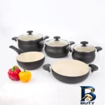 نمای بسته بندی سرویس قابلمه و تابه گرانیت ۸ پارچه عروس مدل آماتیس برچسب و بسته بندی