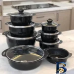 نمای بسته بندی سرویس قابلمه و تابه گرانیت ۱۵ پارچه مدل پروانه ای فیلون برچسب و بسته بندی