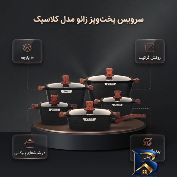 نمای بسته بندی سرویس قابلمه و تابه چدن گرانیت ۱۰ پارچه زانو مدل کلاسیک برچسب و بسته بندی