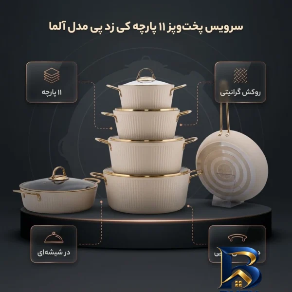 نمای بسته بندی سرویس قابلمه و تابه گرانیتی ۱۱ پارچه کی زد پی مدل آلما برچسب و بسته بندی