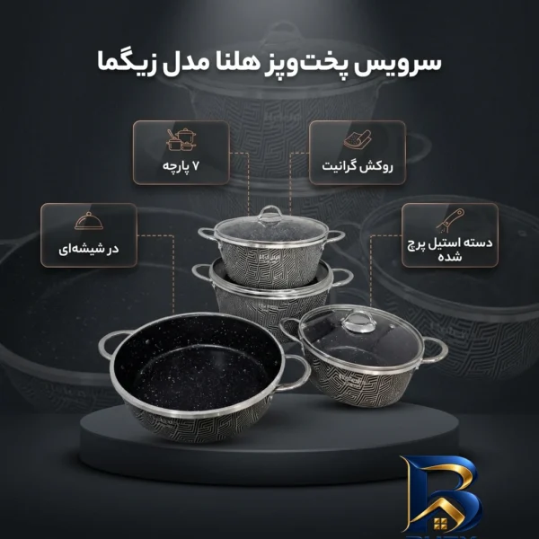 نمای بسته بندی سرویس تابه و قابلمه گرانیت ۷ پارچه هلنا مدل زیگما برچسب و بسته بندی