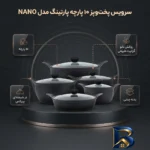نمای بسته بندی سرویس قابلمه و تابه چدنی ۱۰ پارچه پارتینگ مدل NANO برچسب و بسته بندی