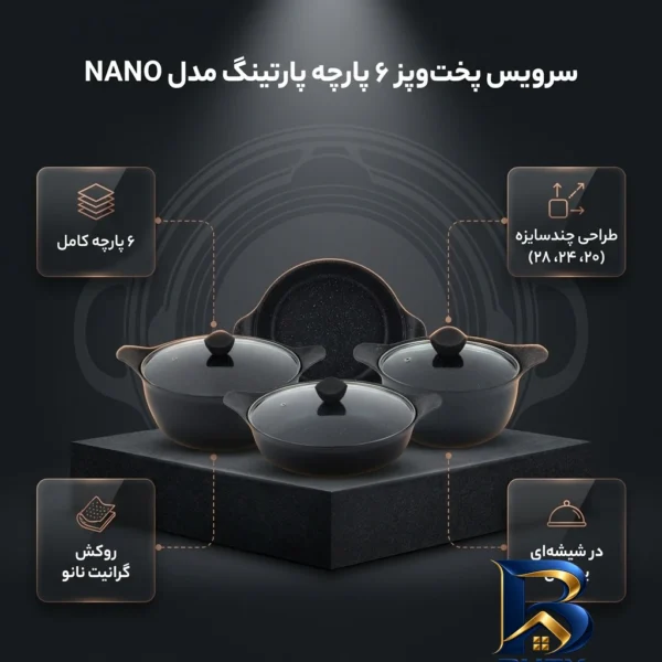 نمای بسته بندی سرویس قابلمه چدن گرانیت ۶ پارچه مدل NANO پارتینگ برچسب و بسته بندی