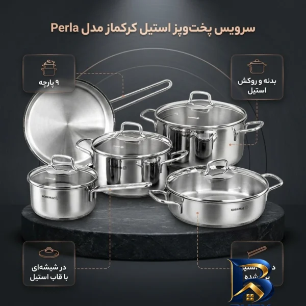 نمای بسته بندی سرویس قابلمه تابه استیل ۹ پارچه کرکماز طرح Perla کد A۱۶۰۹ اصل برچسب و بسته بندی