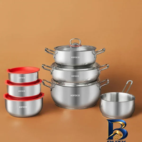 نمای بسته بندی سرویس قابلمه و تابه استیل ۱۳ پارچه کاراجا مدل Pisir Sakla برچسب و بسته بندی