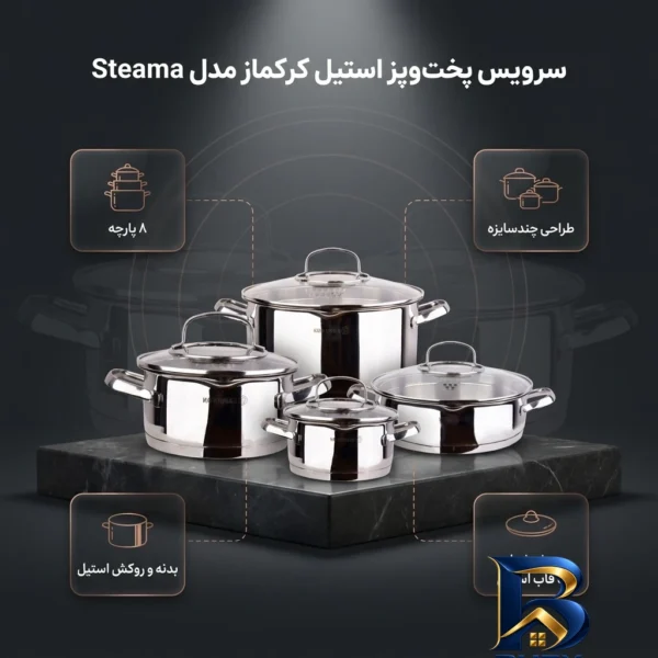 نمای بسته بندی سرویس قابلمه و تابه استیل ۸ پارچه کرکماز مدل Steama کد ۱۹۹۹ برچسب و بسته بندی