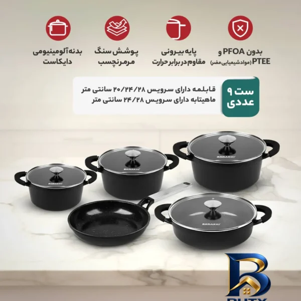 نمای بسته بندی سرویس قابلمه و تابه گرانیتی ۹ پارچه سوناشی مدل SCW-۶۱۰ اصل برچسب و بسته بندی
