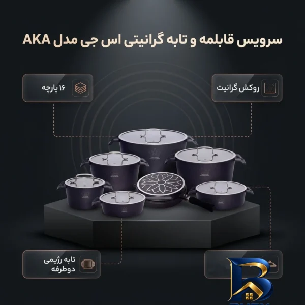 نمای بسته بندی سرویس قابلمه و تابه گرانیتی ۱۶ پارچه اس جی مدل AKA برچسب و بسته بندی