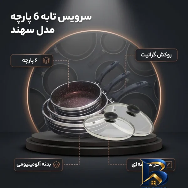 نمای بسته بندی سرویس تابه ۶ پارچه مدل سهند کد T۱۱۰ اصل برچسب و بسته بندی