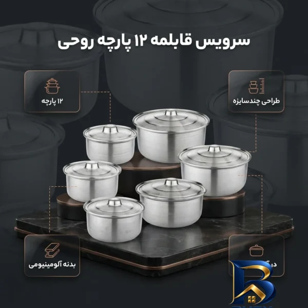 نمای بسته بندی سرویس قابلمه ۱۲ پارچه مدل روحی کد ۰۲ برچسب و بسته بندی
