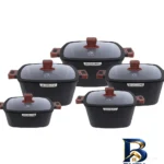 نمای بسته بندی سرویس قابلمه و تابه گرانیتی ۱۰ پارچه زیو مدل ZCS-۸۵۵۰CASTLE BLACK SERIES اصل برچسب و بسته بندی