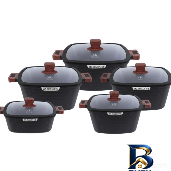 نمای بسته بندی سرویس قابلمه و تابه گرانیتی ۱۰ پارچه زیو مدل ZCS-۸۵۵۰CASTLE BLACK SERIES اصل برچسب و بسته بندی