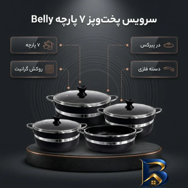 نمای بسته بندی سرویس گرانیتی قابلمه و تابه 7 پارچه مدل Belly برچسب و بسته بندی