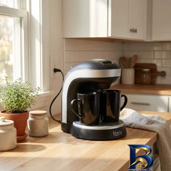 نمای بسته بندی قهوه ساز فلاویا مدل FL_۲۰۰W، با فیلتر قابل تعویض، دارای صفحه گرم نگهدارنده اصل برچسب و بسته بندی