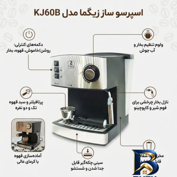 نمای بسته بندی اسپرسوساز ۱۶۰۰ میلی لیتری زیگما مدل KJ۶۰B، با مصرف پودر قهوه، مناسب تهیه اسپرسو و کاپوچینو، دارای ۱ عدد نازل ت